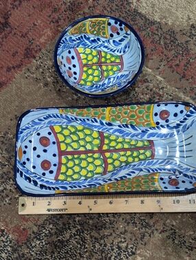 Talavera Mexican Hand-Painted Ceramic Fish Serving Set in Blue, Yellow, Green